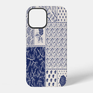 Indigo Blue Beige Floral Patchwork iPhone 12 Case