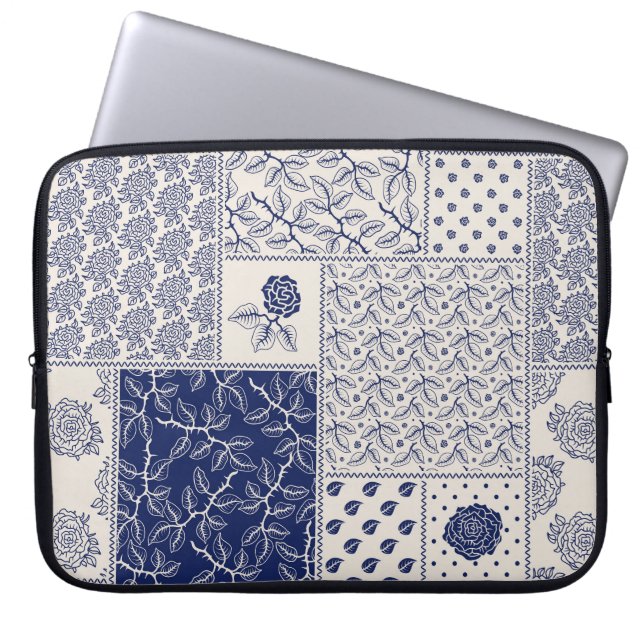 Indigo Blue Beige Floral Patchwork Laptop Sleeve (Front)