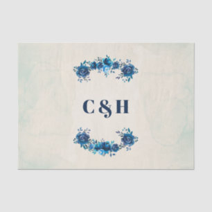 Indigo Blue & Beige Watercolor Flowers Wedding Tissue Paper