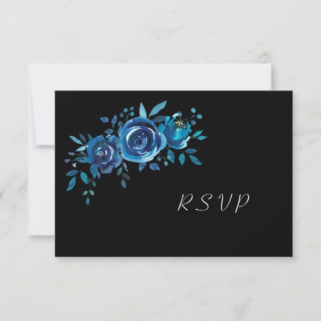 Indigo Blue + Black Floral Buffet Wedding RSVP Card (Front)
