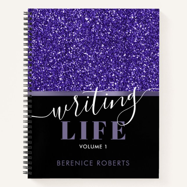 Indigo Blue Black Glitter Personalised Writers Notebook (Front)