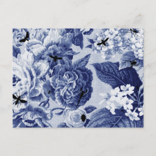 Indigo Blue Botanical & Bees Drawing Floral Toile Postcard