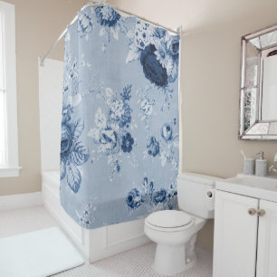 Indigo Blue Botanical Floral Toile No.4 Shower Curtain