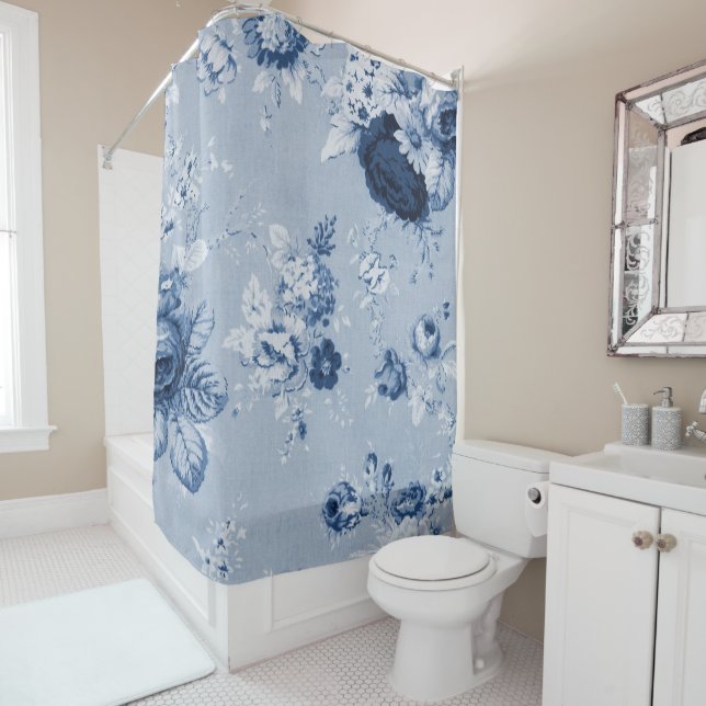 Indigo Blue Botanical Floral Toile No.4 Shower Curtain (In Situ)