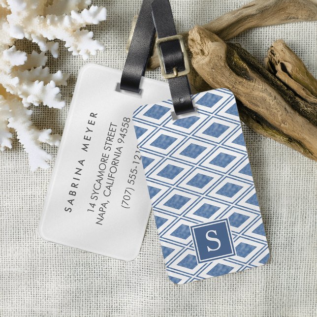 Indigo Blue Diamond Pattern Monogram Luggage Tag (Creator Uploaded)