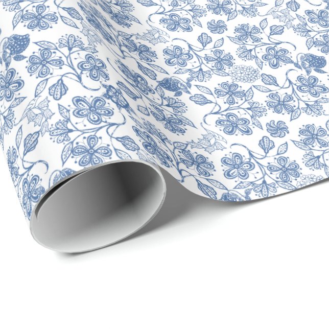 Indigo Blue Ethnic Floral Print Wrapping Paper (Roll Corner)