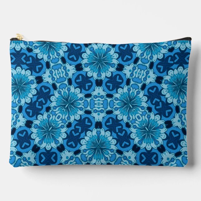 Indigo Blue Floral Chinese Tile Pattern Accessory Pouch (Front)