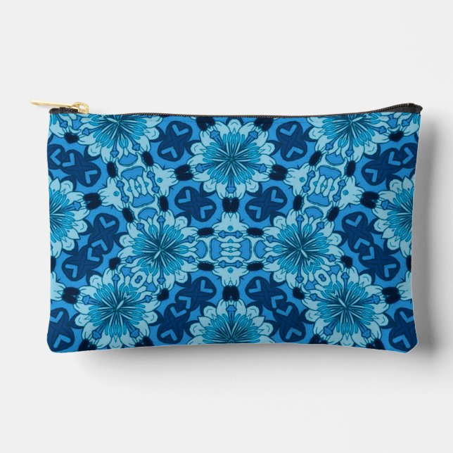 Indigo Blue Floral Chinese Tile Pattern Accessory Pouch (Front)