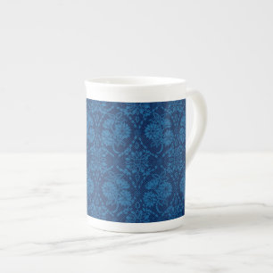 Indigo Blue Floral Faux Lace Pattern Bone China Mug