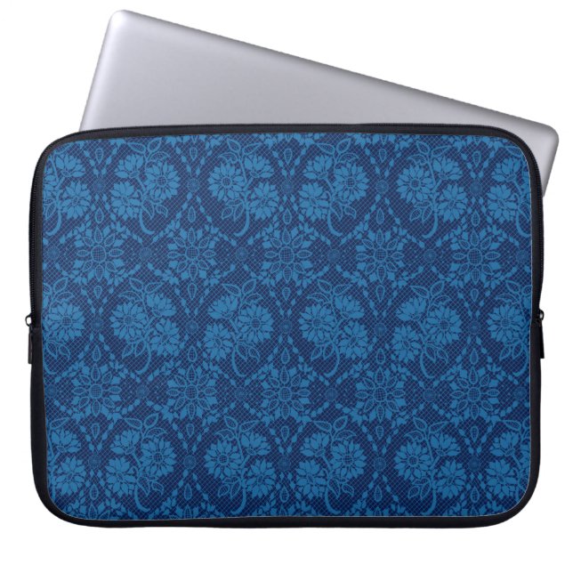 Indigo Blue Floral Faux Lace Pattern Laptop Sleeve (Front)