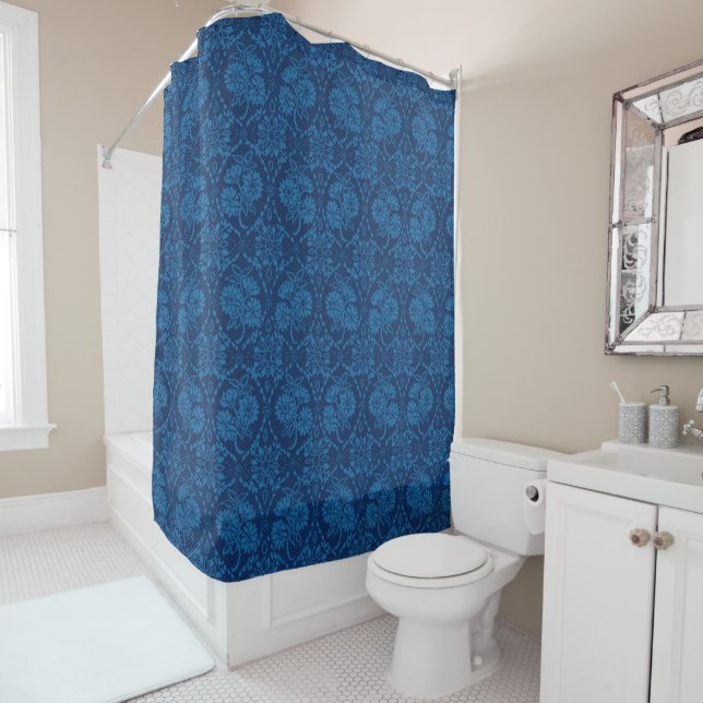 Indigo Blue Floral Faux Lace Pattern Shower Curtain (In Situ)