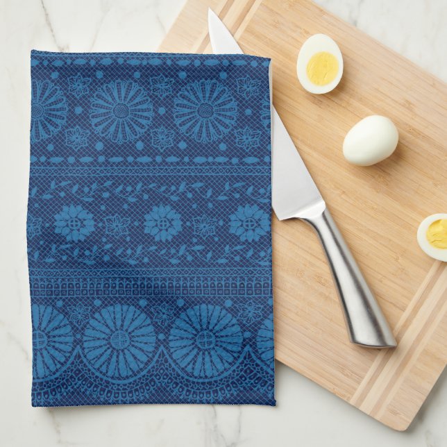 Indigo Blue Floral Faux Lace Pattern Tea Towel (Quarter Fold)