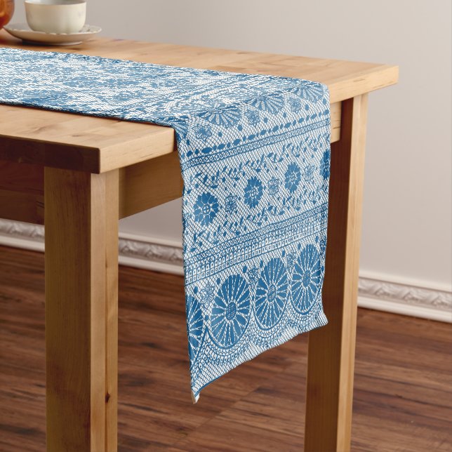 Indigo Blue Floral Faux Lace Pattern to Customise Short Table Runner (In Situ)