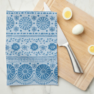 Indigo Blue Floral Faux Lace Pattern to Customise Tea Towel