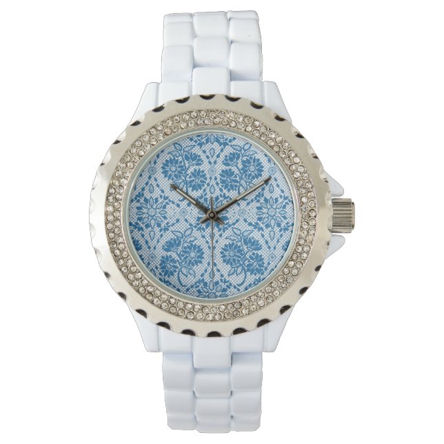 Indigo Blue Floral Faux Lace Pattern to Customise Watch (Front)