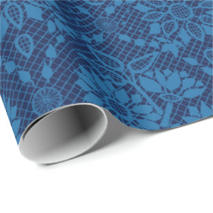 Indigo Blue Floral Faux Lace Pattern Wrapping Paper