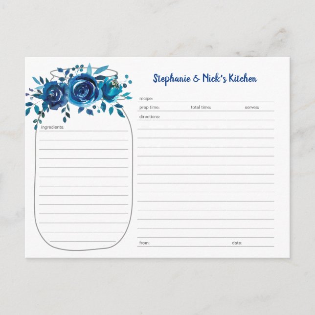 Indigo Blue Floral Mason Jar Newlywed Recipe Cards (Front)