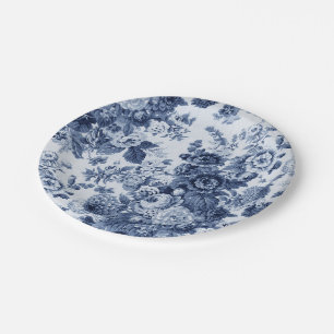 Indigo Blue Floral Toile No.3 Paper Plate