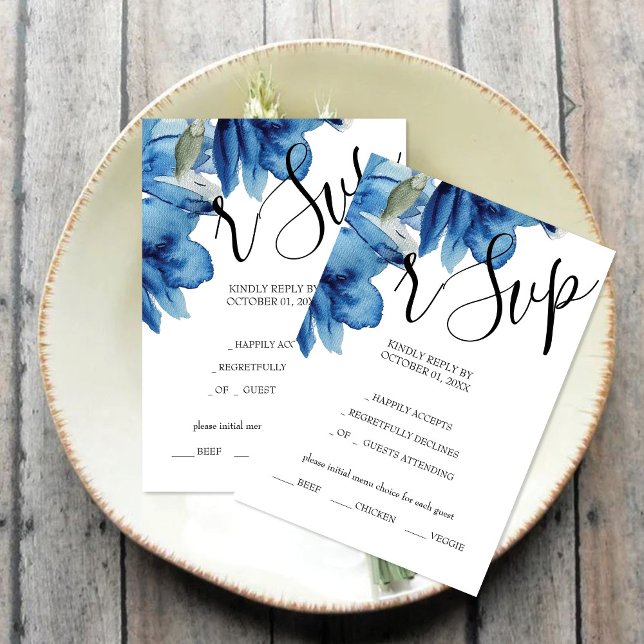 Indigo Blue Floral Watercolor Hand-painted RSVP Card (Creator Uploaded)