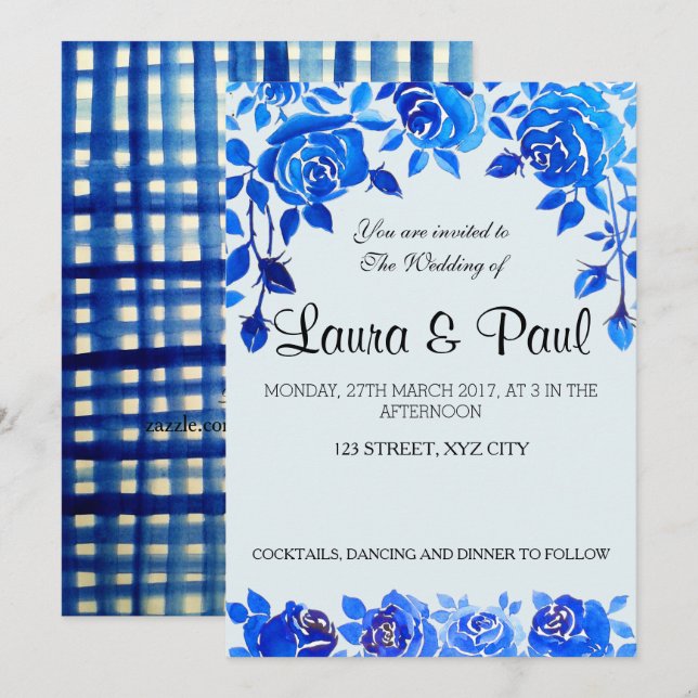 Indigo Blue Floral Wedding Card (Front/Back)