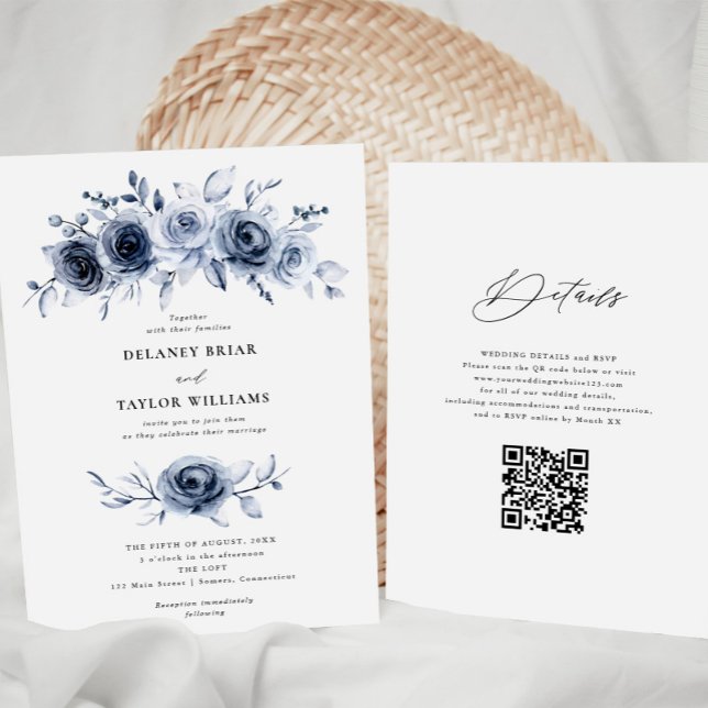 Indigo Blue Floral Wedding One Piece Invitation (Creator Uploaded)