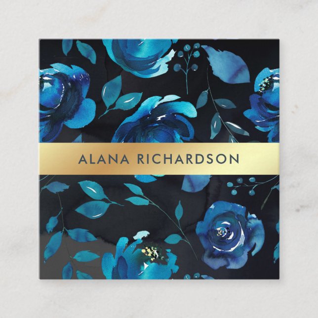 Indigo Blue Floral with Faux Gold Look Square Business Card (Front)