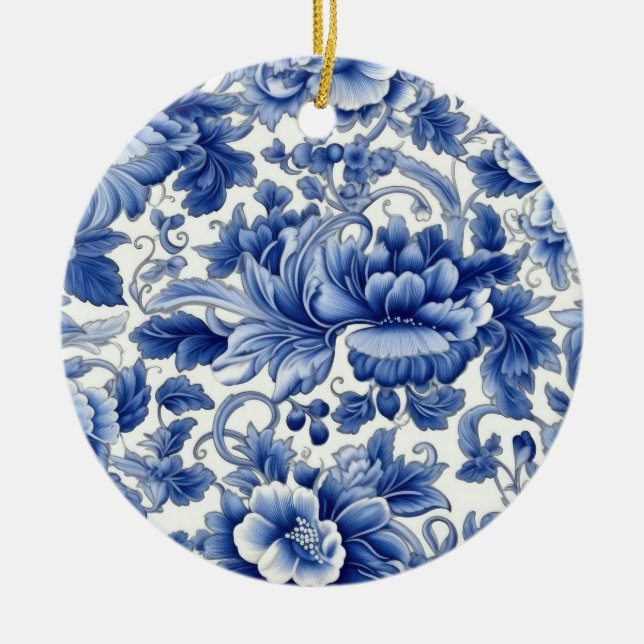 Indigo Blue Flowers Ceramic Tree Decoration (Front)