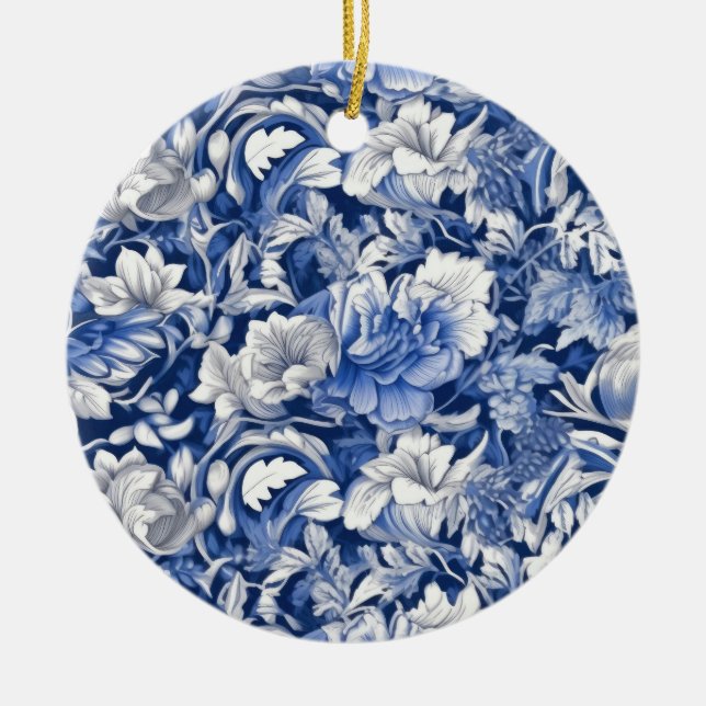 Indigo Blue Flowers Ceramic Tree Decoration (Front)