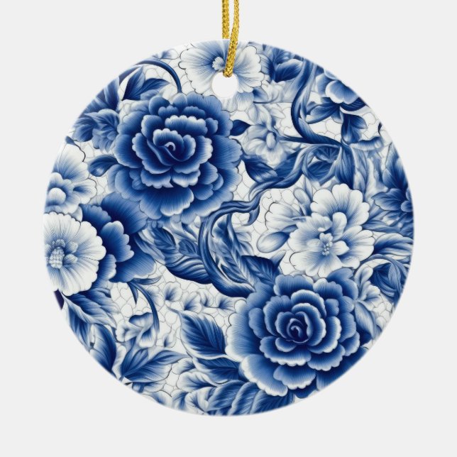 Indigo Blue Flowers Ceramic Tree Decoration (Front)