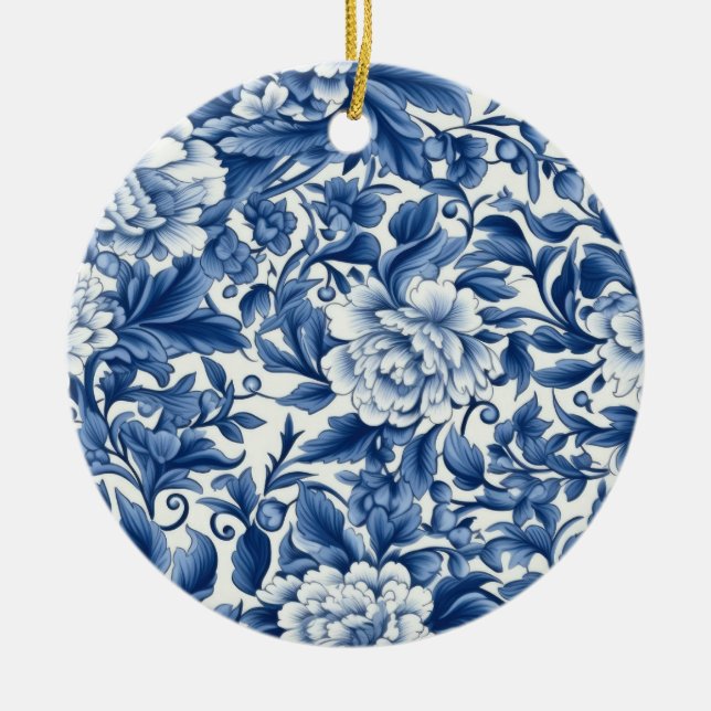 Indigo Blue Flowers Ceramic Tree Decoration (Front)
