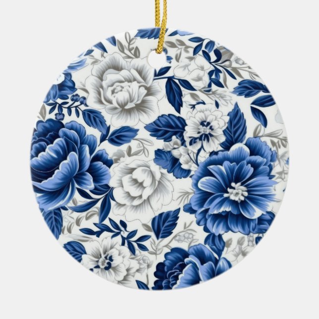Indigo Blue Flowers Ceramic Tree Decoration (Front)