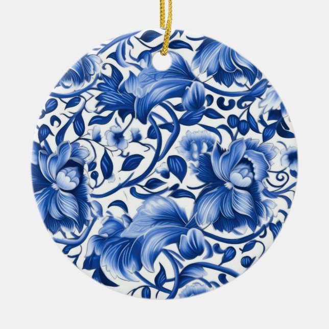 Indigo Blue Flowers Ceramic Tree Decoration (Front)