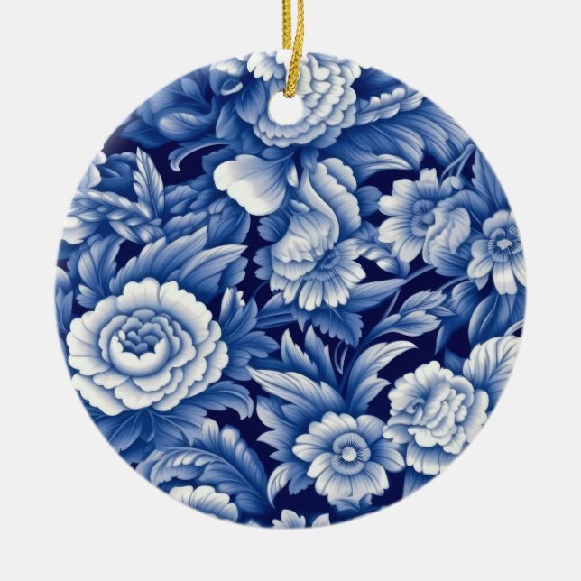 Indigo Blue Flowers Ceramic Tree Decoration (Front)