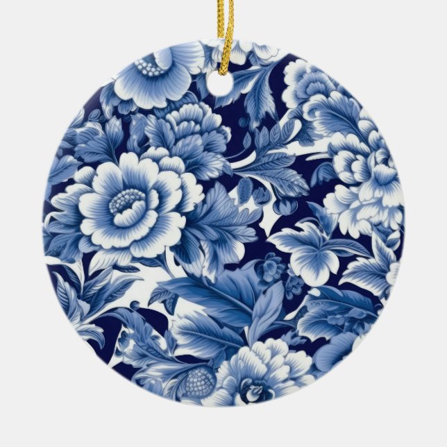 Indigo Blue Flowers Ceramic Tree Decoration (Front)