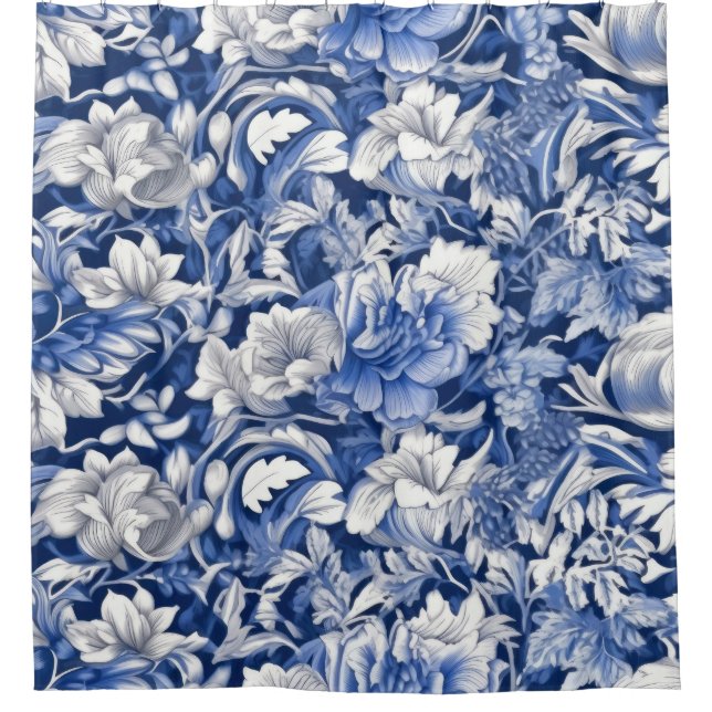 Indigo Blue Flowers Shower Curtain (Front)