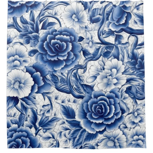 Indigo Blue Flowers Shower Curtain (Front)
