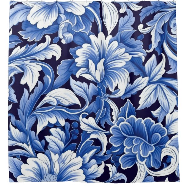 Indigo Blue Flowers Shower Curtain (Front)
