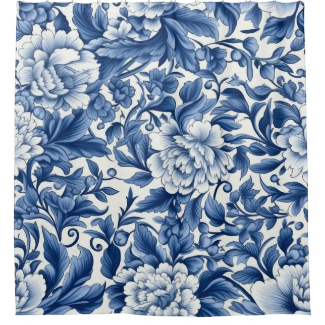 Indigo Blue Flowers Shower Curtain (Front)
