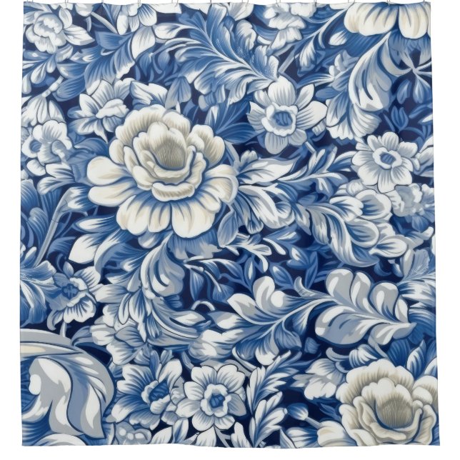 Indigo Blue Flowers Shower Curtain (Front)