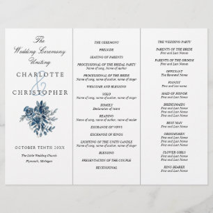Indigo blue flowers Tri-Fold wedding program