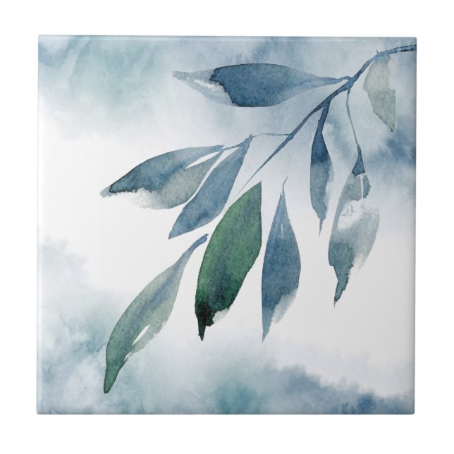 Indigo Blue Green Abstract Leaves Tile (Front)