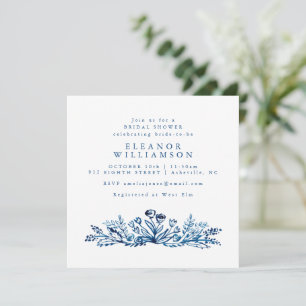 Indigo Blue Ink Line Art Floral Bridal Shower  Invitation