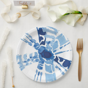 Indigo blue japanese shibori sunburst watercolor  paper plate