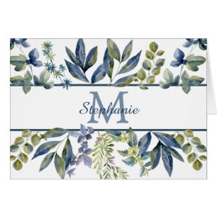 Indigo Blue Leaves Border Monogram Note Card