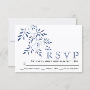 Indigo blue leaves contemporay floral wedding RSVP Card