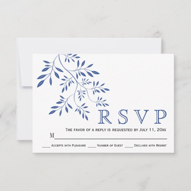 Indigo blue leaves contemporay floral wedding RSVP Card (Front)