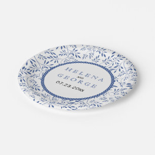 Indigo blue leaves pattern modern floral wedding paper plate