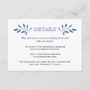 Indigo blue leaves pattern wedding insert card