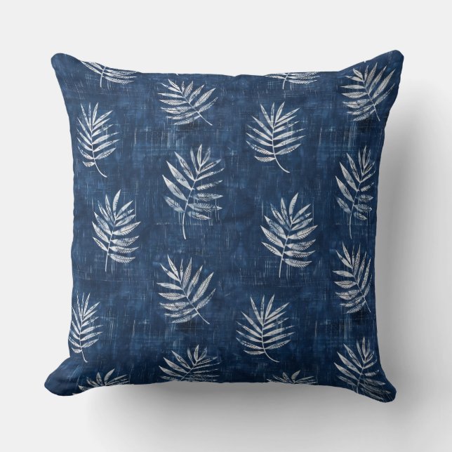 Indigo Blue Leaves Throw Pillow (Front)