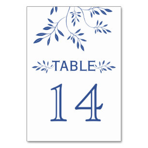 Indigo blue leaves wedding table number card
